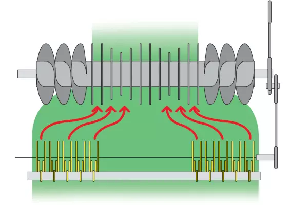 La breve distanza tra il rotore e i denti del pick-up assicura un flusso di foraggio uniforme nella camera di pressatura