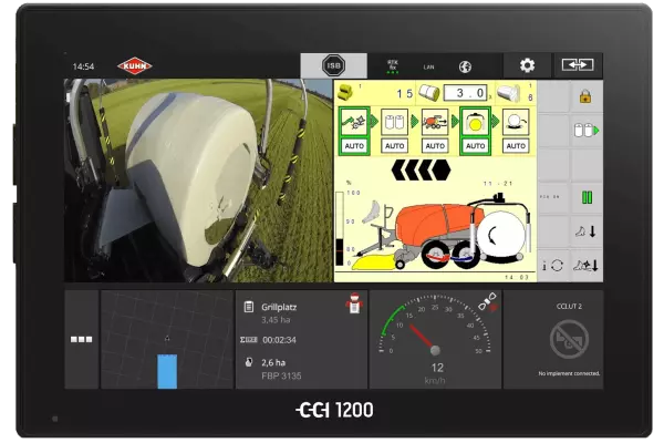 Terminale CCI 1200 che mostra il video in diretta di una rotoballa avvolgente