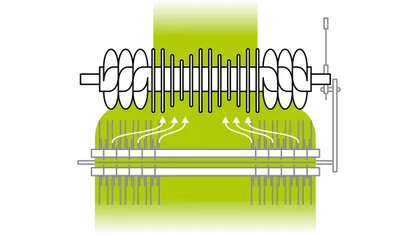 La breve distanza tra il rotore e i denti del pick-up assicura un flusso di foraggio uniforme nella camera di pressatura