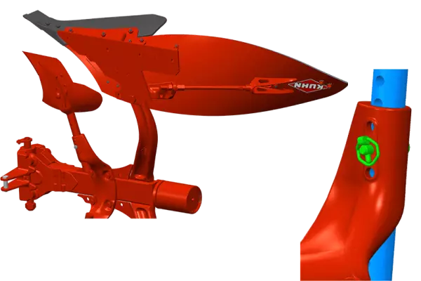 Vista dell'avanvomere MASTER L e della regolazione 3D-Skim per una qualità d'interramento impeccabile.